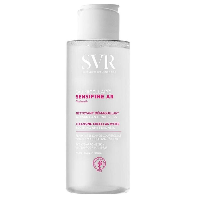 Flacon SVR Sensifine AR Eau Micellaire 200ml, pompe blanche, plastique transparent avec étiquette ni