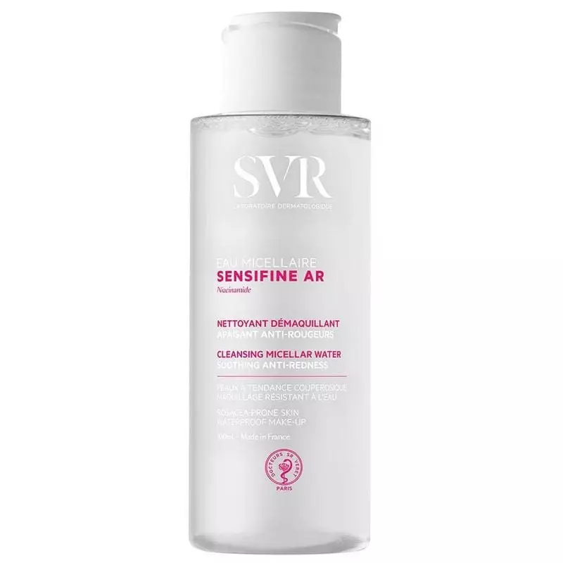 Flacon SVR Sensifine AR Eau Micellaire 200ml, pompe blanche, plastique transparent avec étiquette ni