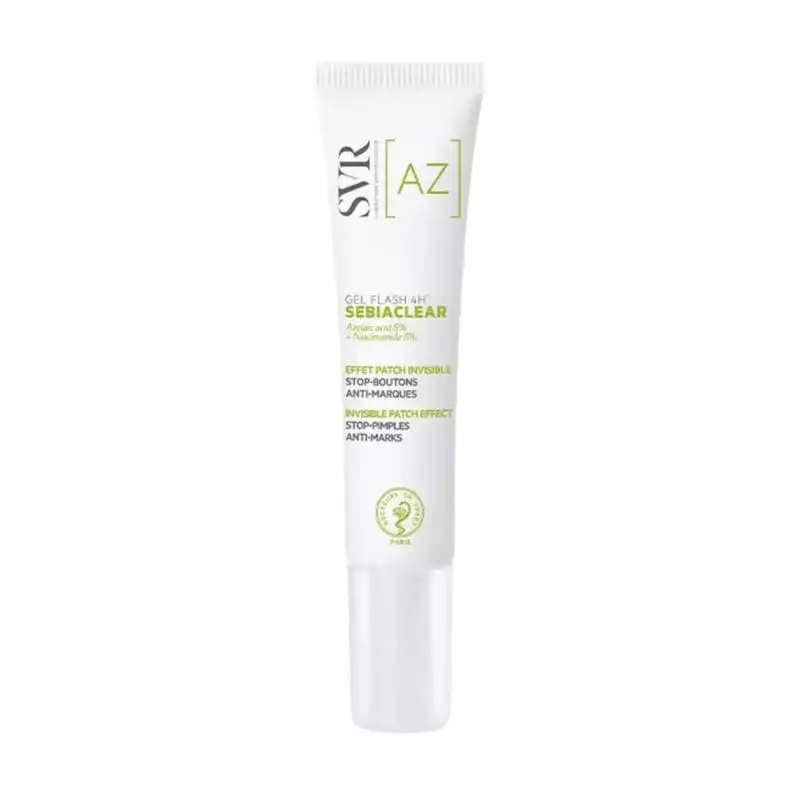 Tube SVR Sebiaclear Gel Flash 4H 15 ml, blanc avec étiquettes vertes : anti-boutons, effet patch inv