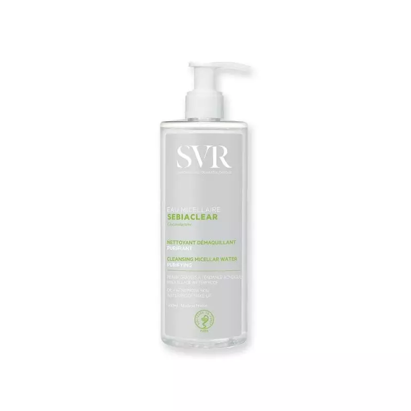 SVR Sebiaclear Eau Micellaire vue de face : flacon pompe blanc 400ml avec étiquette verte eau micell