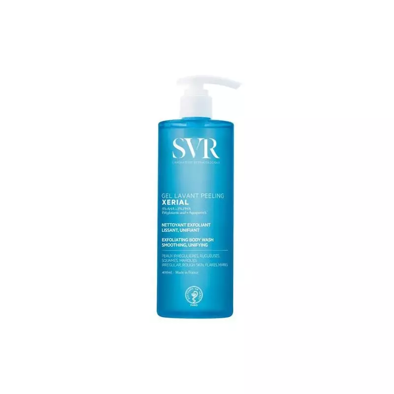 Flacon SVR Xérial Gel Lavant Peeling, 400ml, avec 5% AHA, PHA et acide succinique