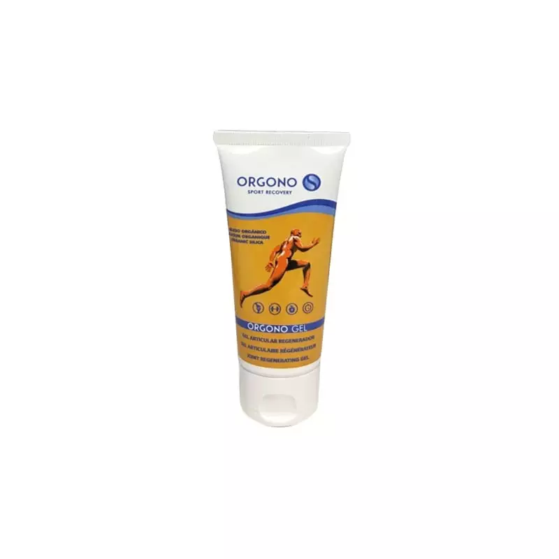 Gel régénérant articulaire Orgono Sport Recovery de Silicium G5, tube au design jaune avec illustrat