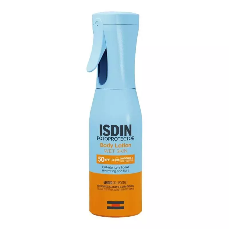 ISDIN Lait corporel spray SPF50 Peau Mouillée flacon bleu avec étiquettes orange, vue frontale compl