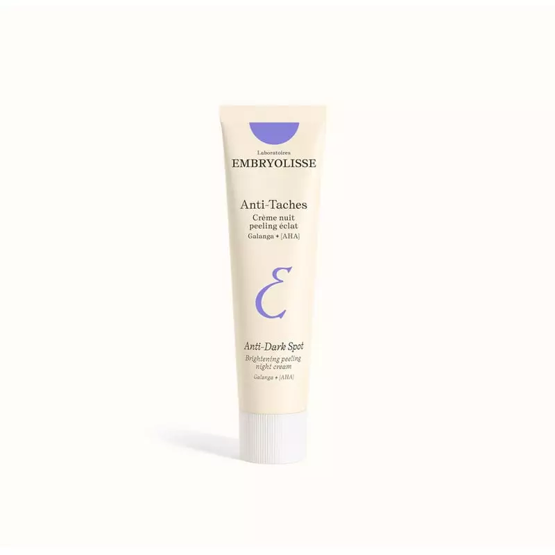 Tube Crème Nuit Peeling Éclat Anti-Taches Embryolisse 1065085, blanc avec bouchon violet et logo, ét