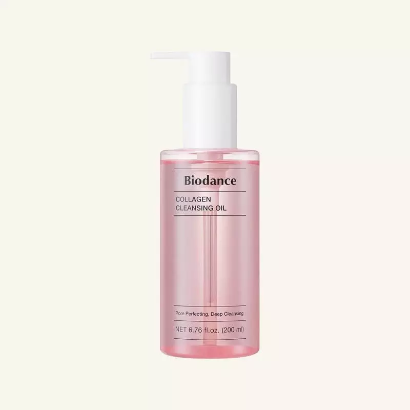 Huile Nettoyante au Collagène Biodance 200ml en flacon rose avec pompe blanche, vue avant montrant é