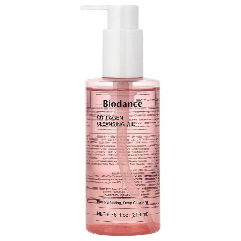 Vue de côté de l'huile nettoyante au collagène Biodance 200ml en flacon verre rose avec pompe blanch