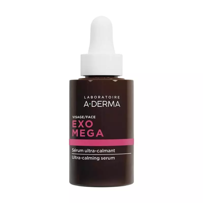 A-DERMA EXOMEGA Sérum ultra-calmant pour le visage en flacon goutte-à-goutte en verre.