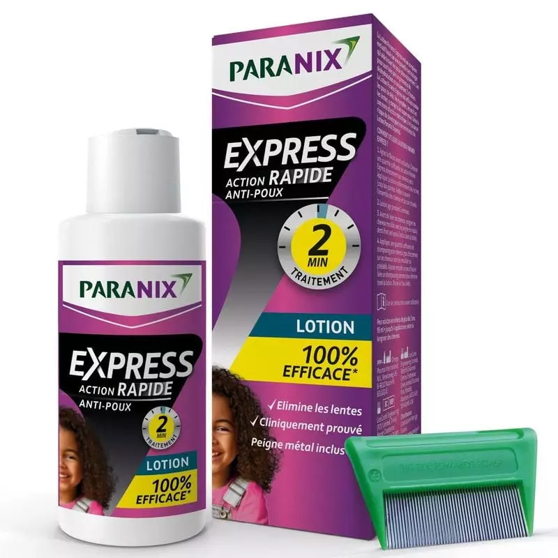 Flacon Paranix Express Lotion anti-poux avec applicateur et peigne métallique, action 2 minutes et 1
