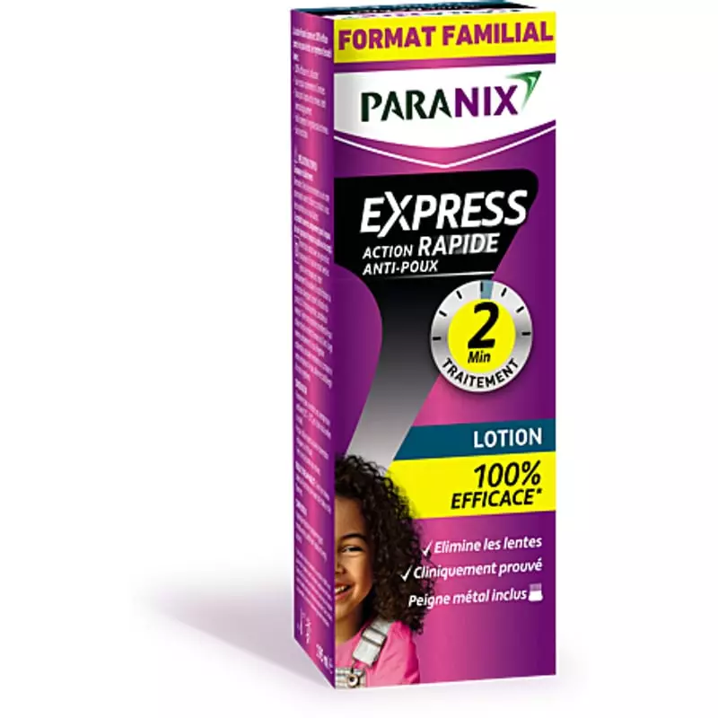 Boîte famille Paranix Express Lotion sur plateau violet, avec fille, mise en avant action 2 min et e