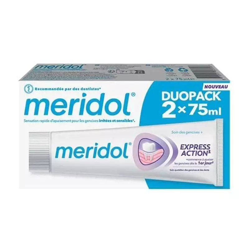 Dentifrice Meridol Express Action pack double, deux tubes 75ml en boîte bleue pour gencives sensible