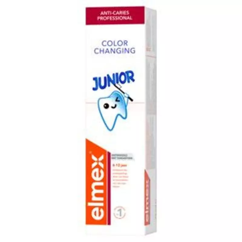 Tube de dentifrice Elmex Junior 6-12 ans anti-caries changeant de couleur avec illustration cartoon 
