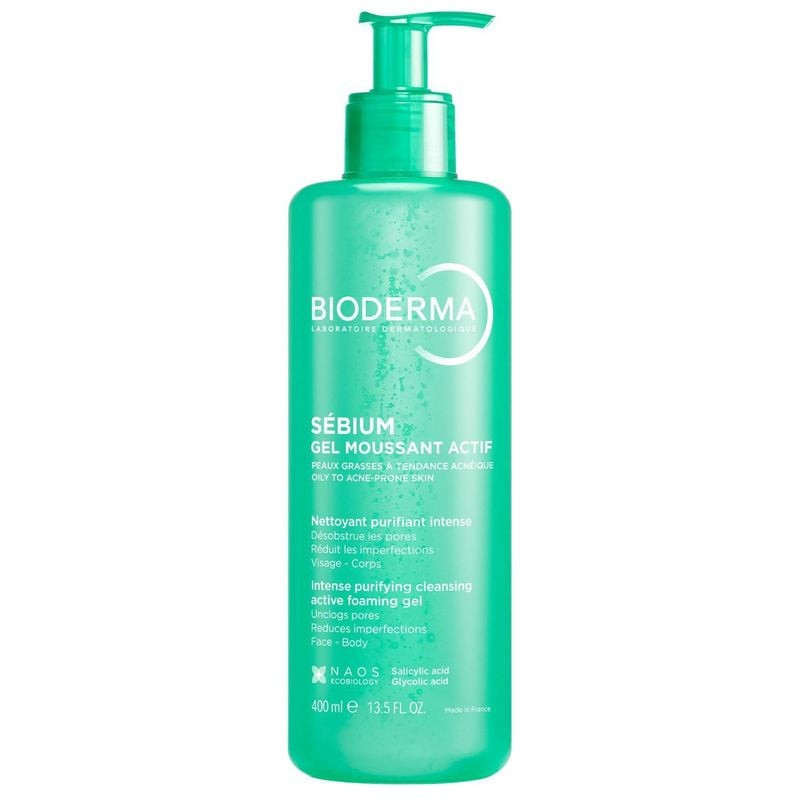 Flacon de gel moussant actif Sébium Bioderma avec pompe verte distributeur (78 caractères)