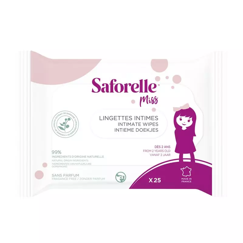 Vue avant du pack de lingettes intimes Saforelle Miss : emballage rose, nom de marque, 25 lingettes,
