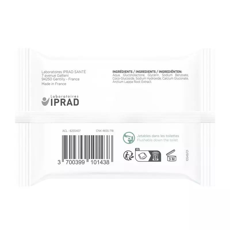 Gros plan du paquet de lingettes Saforelle Miss mettant en avant sceau extrait de bardane, 99% d'ori