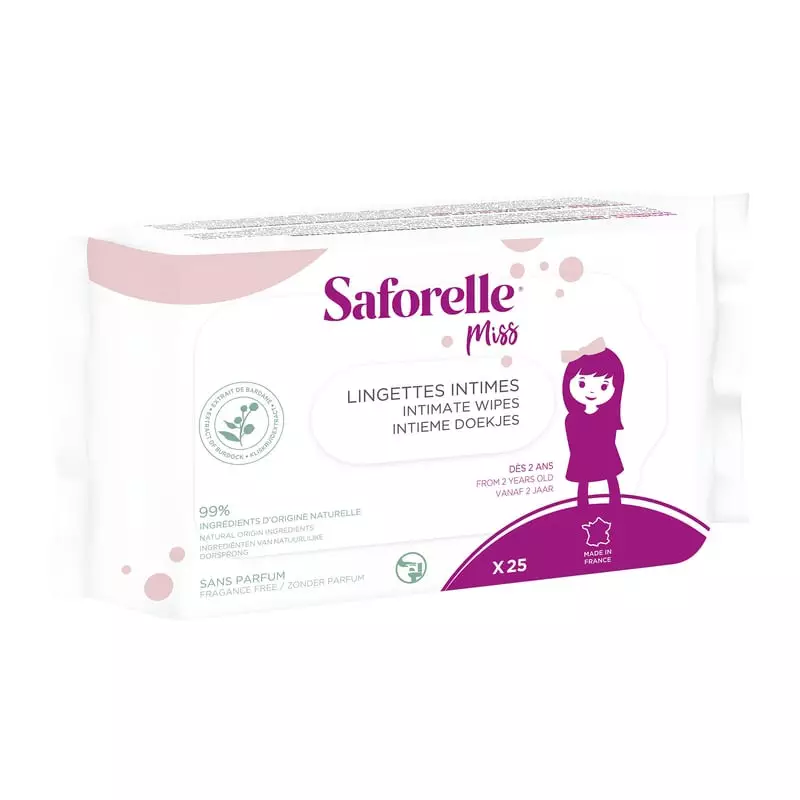 Face arrière du pack lingettes Saforelle Miss : liste ingrédients en français, anglais, néerlandais,