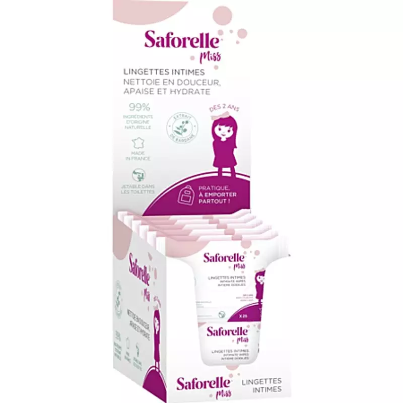 Vue inclinée du pack lingettes Saforelle Miss avec design avant, textes multilingues, claims naturel