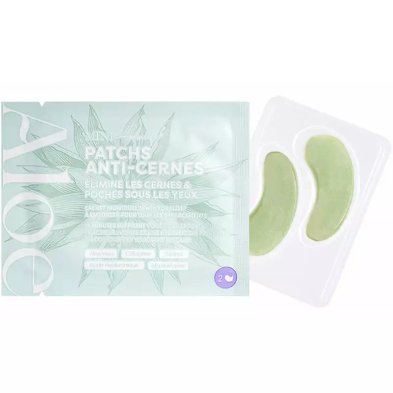 Patchs hydrogel Aloe Paris 1065062 anti-cernes dans sachet vert menthe ouvert révélant deux patchs g