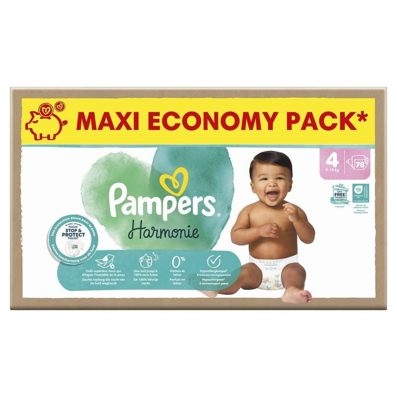 Packshot Pampers Harmonie Maxi Taille 4 - Couches hypoallergéniques x 78, pack de 78 couches ultra-d