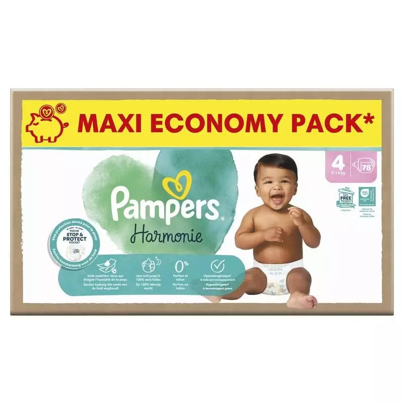 Packshot Pampers Harmonie Maxi Taille 4 - Couches hypoallergéniques x 78, pack de 78 couches ultra-d
