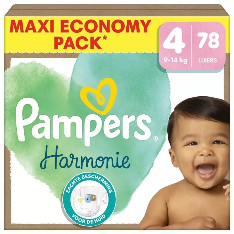 Packshot Pampers Harmonie Maxi Taille 4 - Couches hypoallergéniques x 78, pack de 78 couches ultra-d