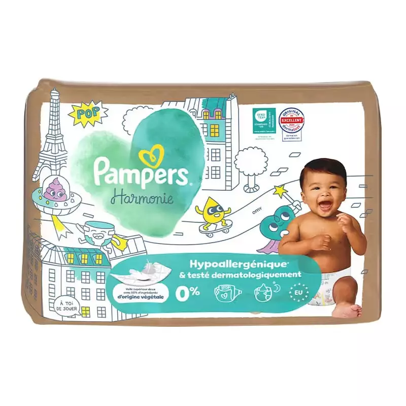 Packshot Pampers Harmonie Maxi Taille 4 - Couches hypoallergéniques x 78, pack de 78 couches ultra-d