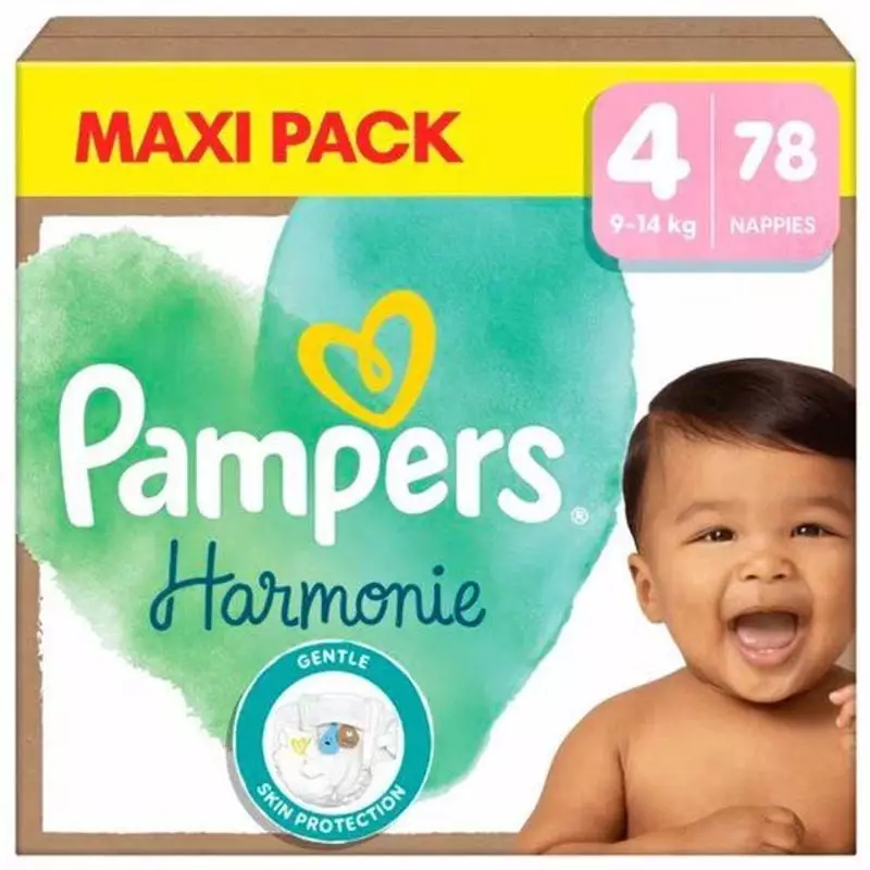 Packshot Pampers Harmonie Maxi Taille 4 - Couches hypoallergéniques x 78, pack de 78 couches ultra-d