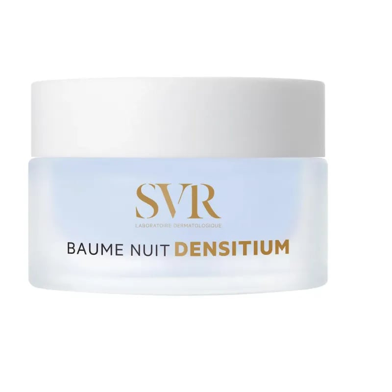 Pot SVR Densitium Baume Nuit 50ml, verre bleu mat avec logo SVR doré et étiquetage français sur bouc