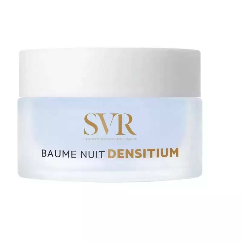 Pot SVR Densitium Baume Nuit 50ml, verre bleu mat avec logo SVR doré et étiquetage français sur bouc