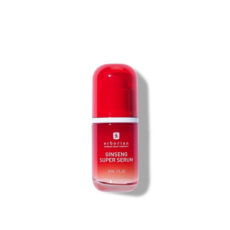 Sérum Super Ginseng Erborian en flacon pipette rouge, 30 ml, vue de dessus montrant emballage rouge 