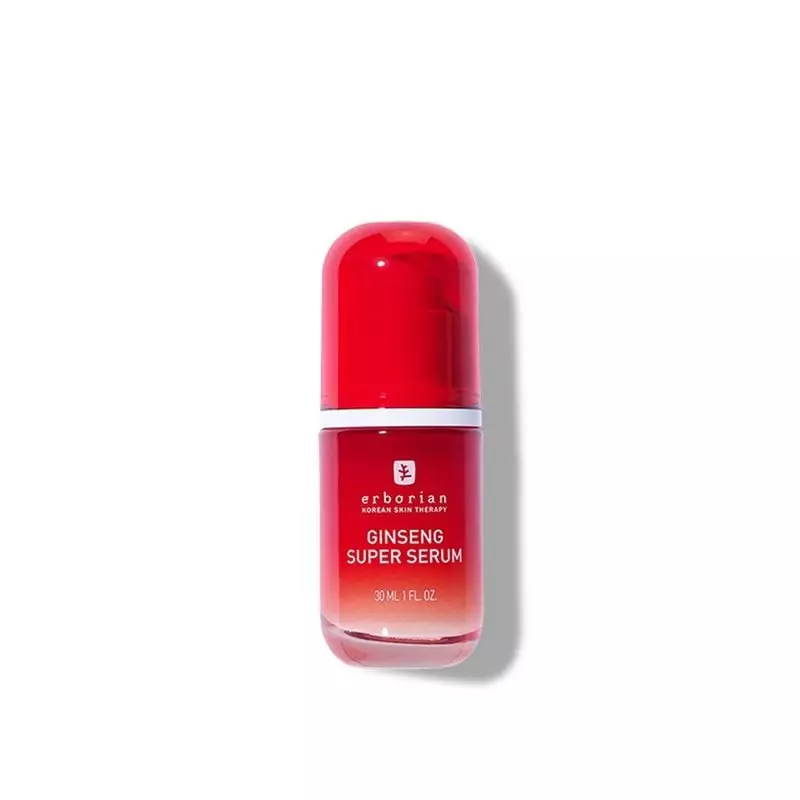 Sérum Super Ginseng Erborian en flacon pipette rouge, 30 ml, vue de dessus montrant emballage rouge 