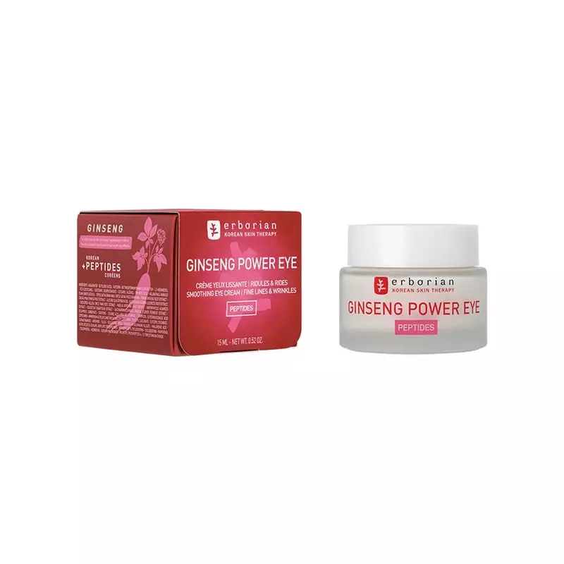 Crème Erborian Ginseng Power Eye en boîte rouge avec design ginseng, à côté d'un pot en verre dépoli