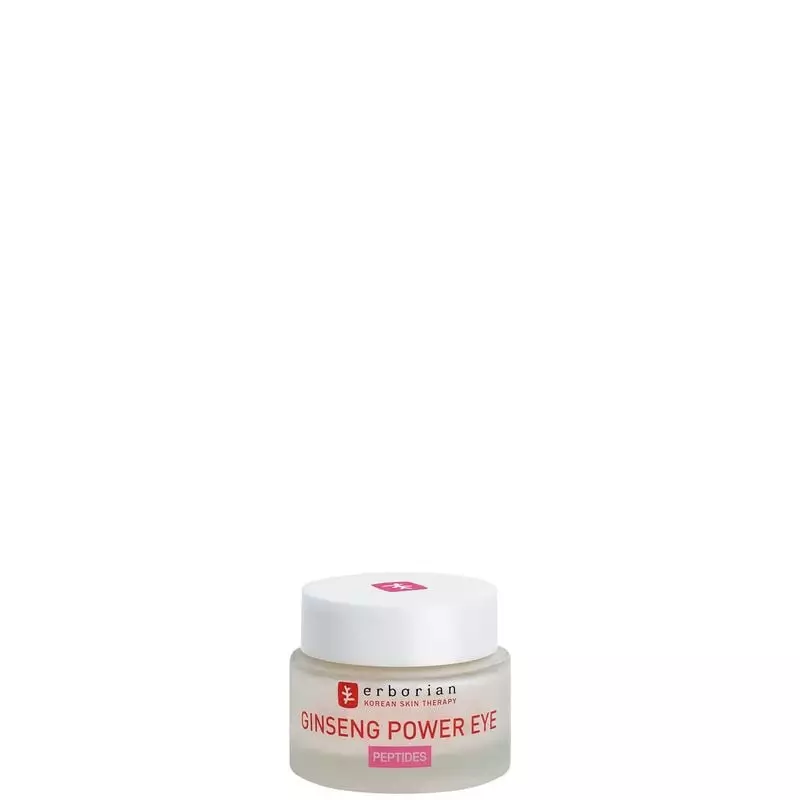 Gros plan sur la boîte rouge Erborian Ginseng Power Eye + Peptides, mettant en avant la marque Korea