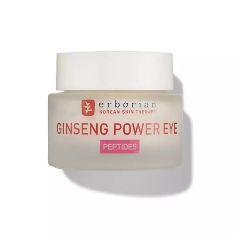 Vue en angle du pot de crème Erborian Ginseng Power Eye montrant les détails de l'étiquette, couverc