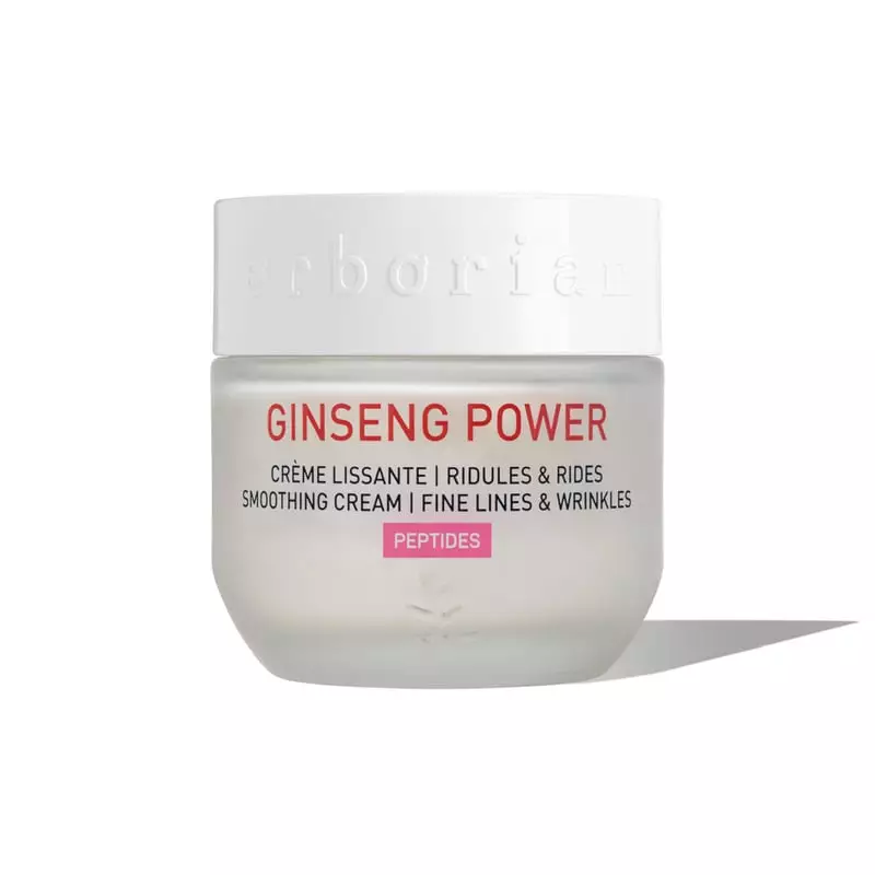 Pot Erborian Crème Lissante Ginseng Power 50 ml, blanc avec étiquette rouge 'GINSENG POWER' et texte