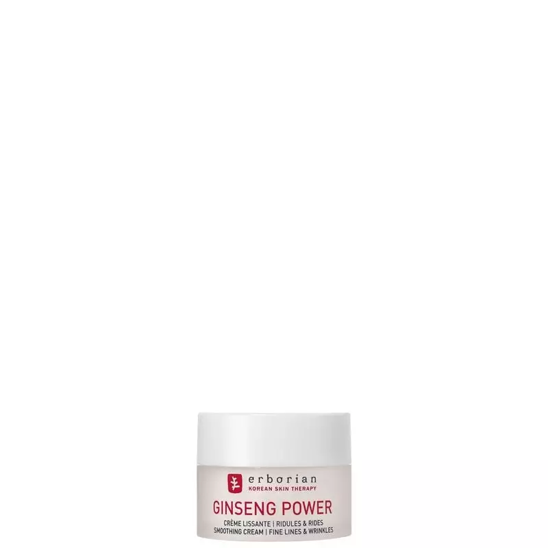 Vue inclinée du pot de crème Erborian Ginseng Power 50 ml, emballage blanc, branding rouge, logo thé