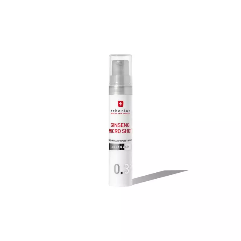 Sérum Erborian Ginseng Micro Shot en flacon blanc avec pipette, étiqueté pour amélioration visible d