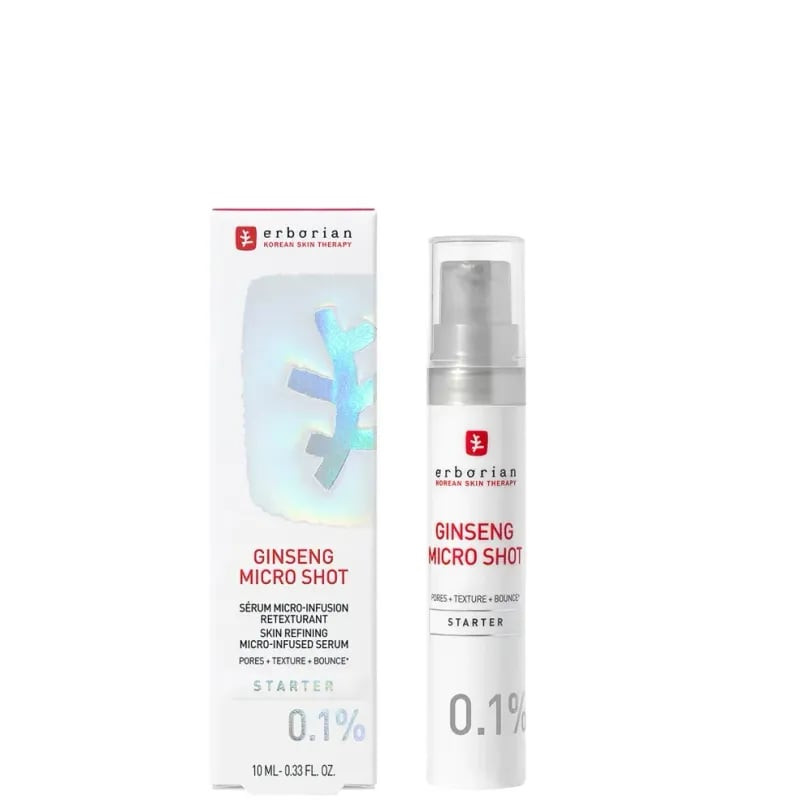 Sérum Erborian Ginseng Micro Shot Starter 0,1% en flacon blanc goutte-à-goutte 10 ml à côté de sa bo