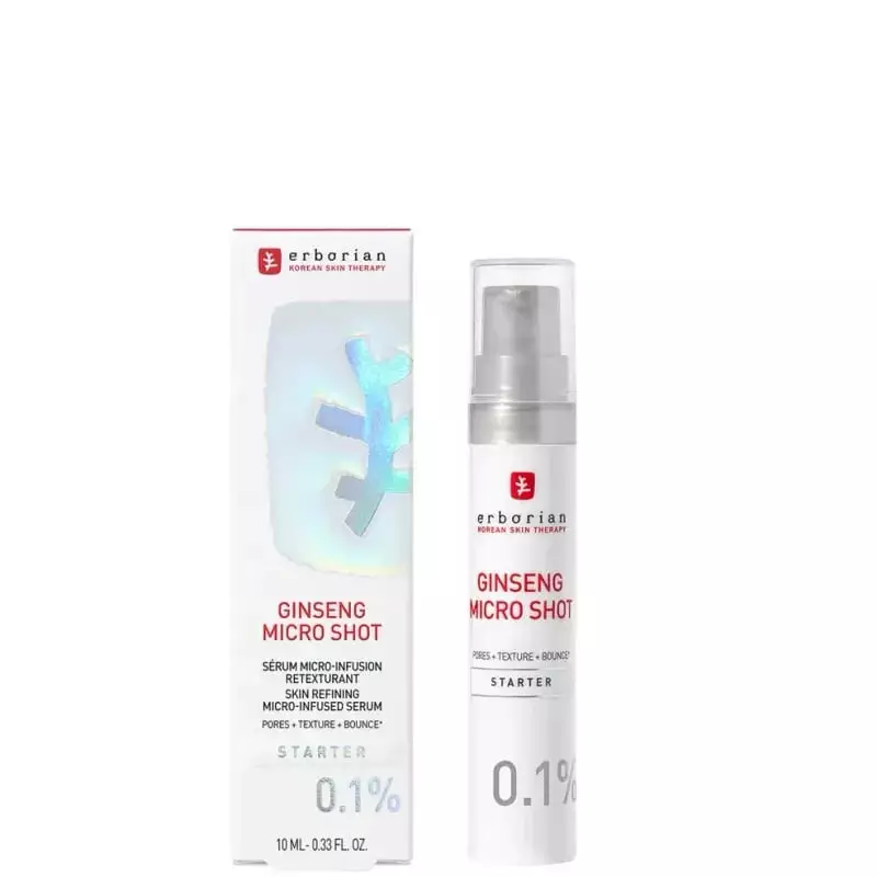 Sérum Erborian Ginseng Micro Shot Starter 0,1% en flacon blanc goutte-à-goutte 10 ml à côté de sa bo