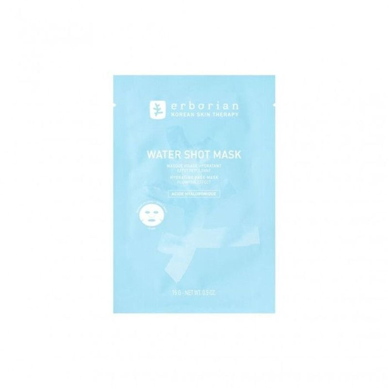 Packshot du Masque Water Shot Erborian : sachet bleu avec illustration de masque en tissu hydratant,