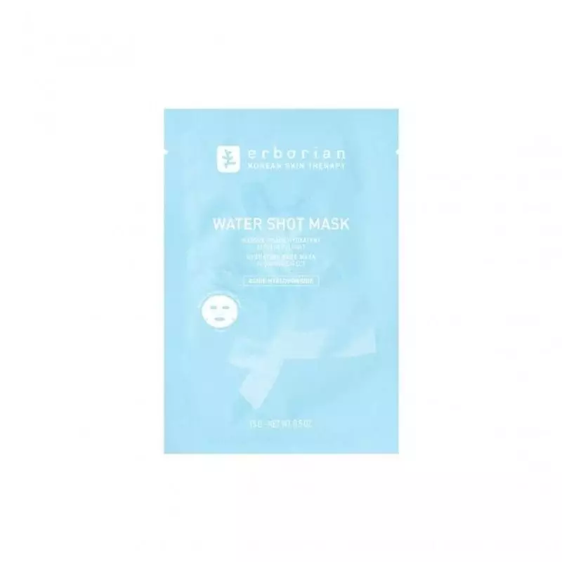 Packshot du Masque Water Shot Erborian : sachet bleu avec illustration de masque en tissu hydratant,