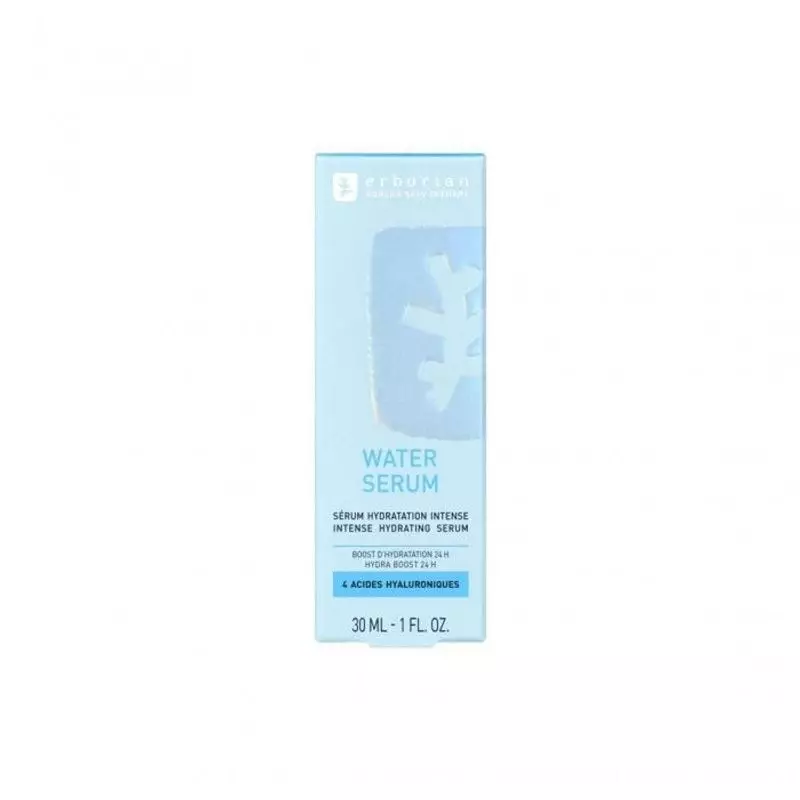 Packshot Erborian Water Serum : boîte bleu clair avec Sérum Hydratant Intense aux 4 acides hyaluroni