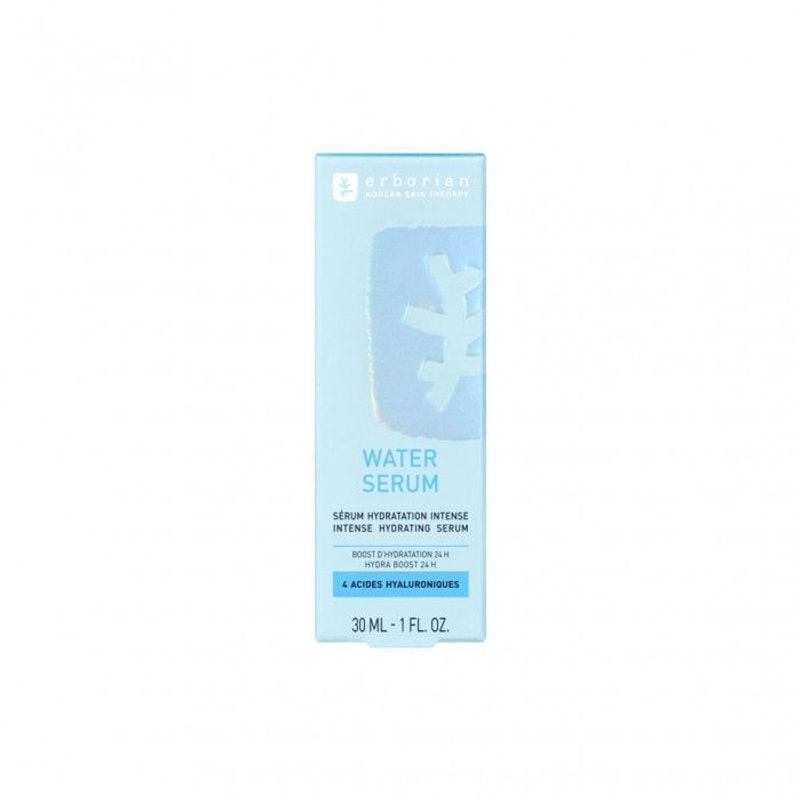 Packshot Erborian Water Serum : boîte bleue avec 'Water Serum', 'Sérum Hydratation Intense', 'Hydra 