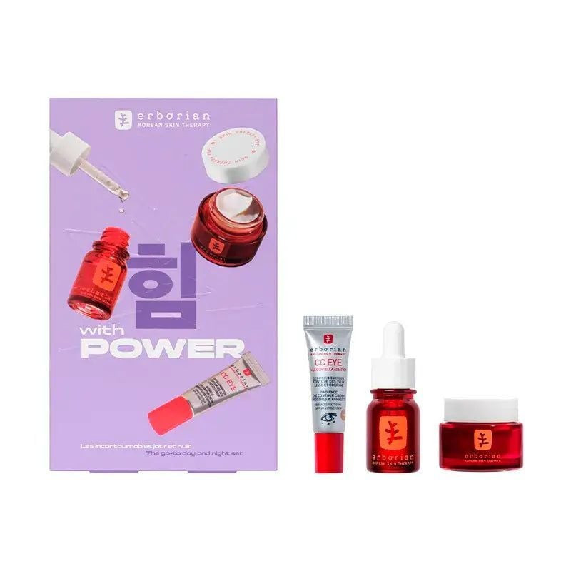 Packshot du Kit ST Duo CC Eye Clair Erborian : boîte violette avec pot rouge Skin Therapy Eye, tube 