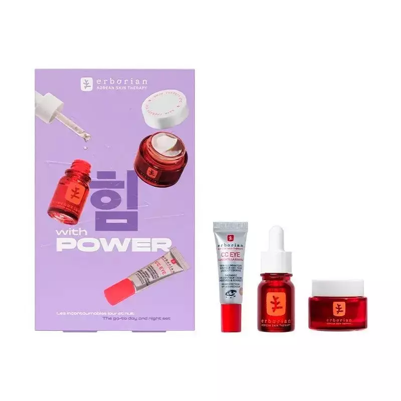 Packshot du Kit ST Duo CC Eye Clair Erborian : boîte violette avec pot rouge Skin Therapy Eye, tube 