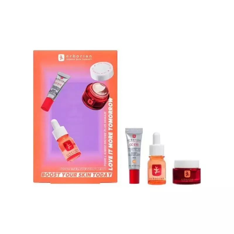 Kit promo Erborian avec crème Skin Therapy Eye en pot rouge, tube CC Eye Doré pêche, sérum Multi Per
