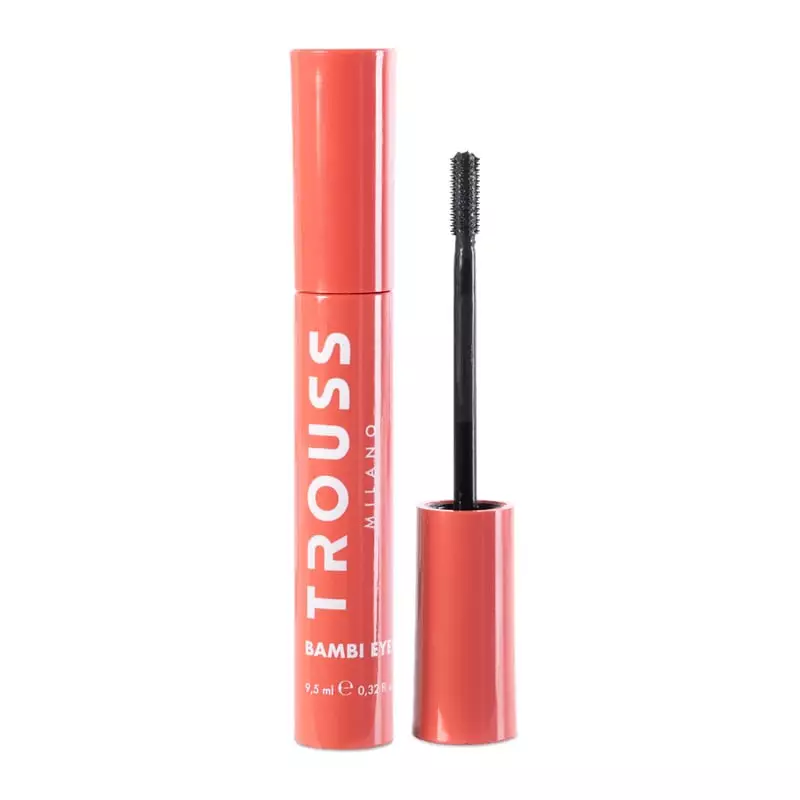 Mascara Trouss Milano Bambi Eyes en tube rose, capuchon retiré, révélant brosse micro-silicone noire