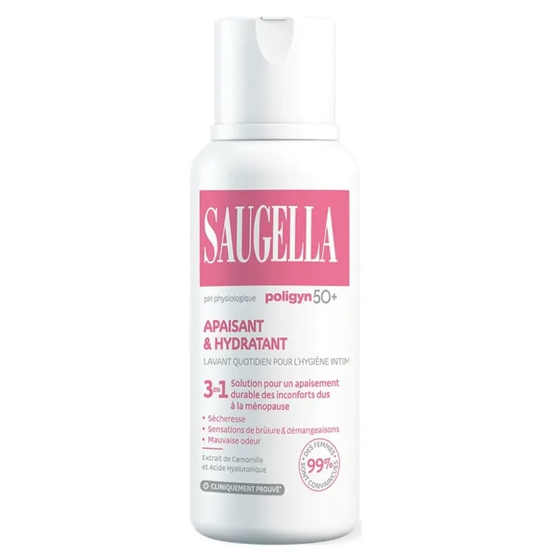 Flacon Saugella Poligyn 50+ Solution 3-en-1 lavante intime rose et blanc avec pompe, pour apaiser sé