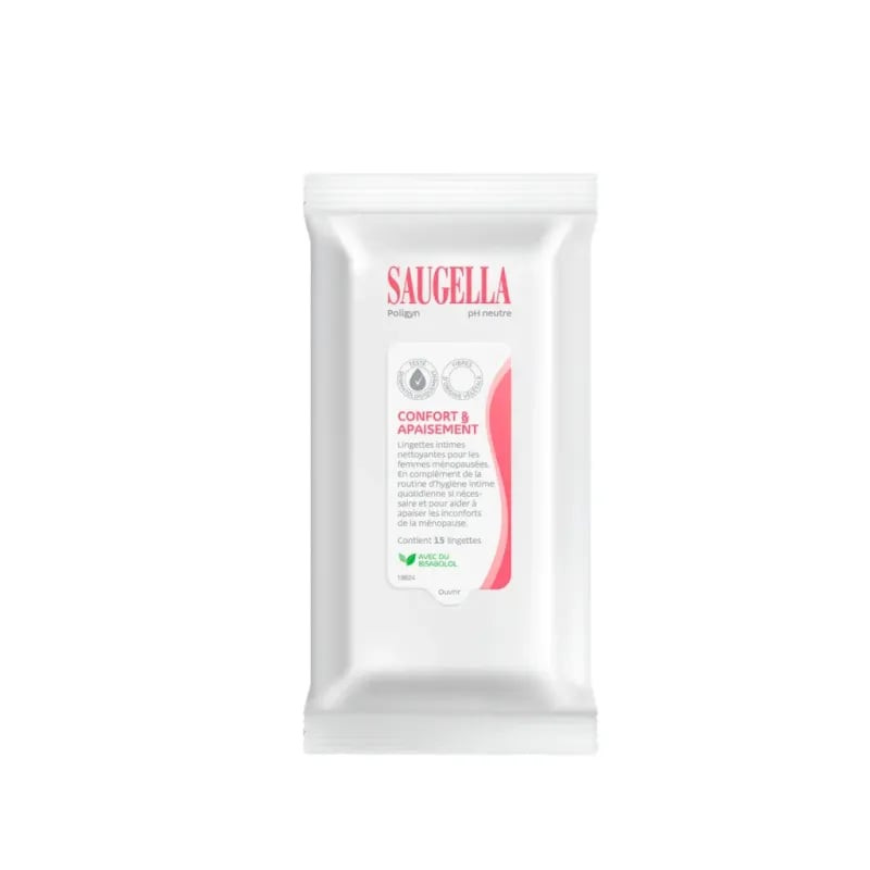 Lingettes intimes Saugella Poligyn Confort et Apaisement en pochette refermable blanche, vue avant e