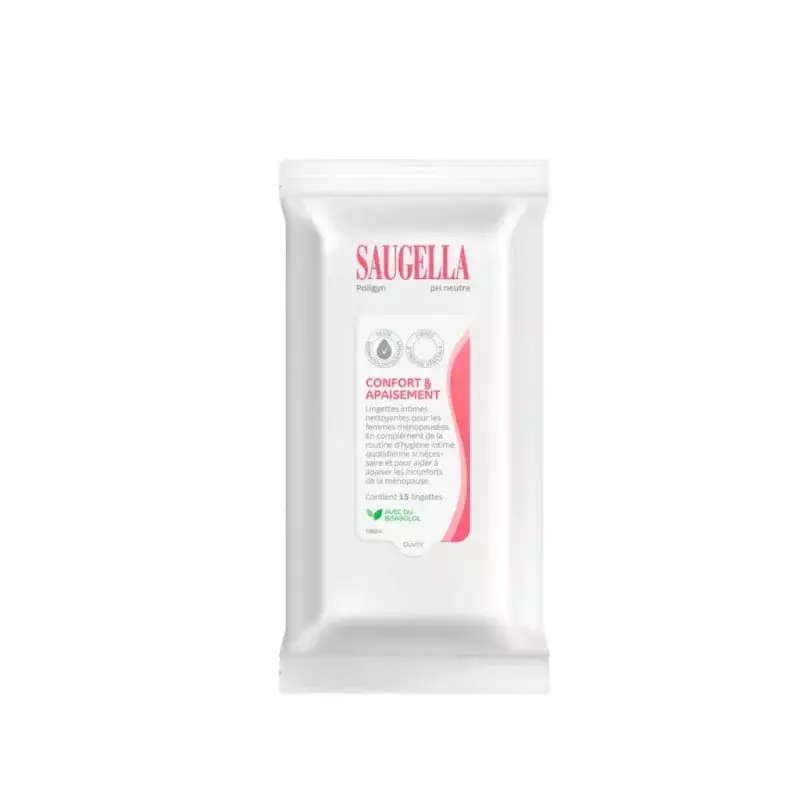 Lingettes intimes Saugella Poligyn Confort et Apaisement en pochette refermable blanche, vue avant e