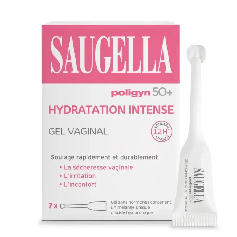 Saugella Poligyn 50+ Gel intime hydratant intense, boîte de 7 unidoses rose, nom produit, badge soul
